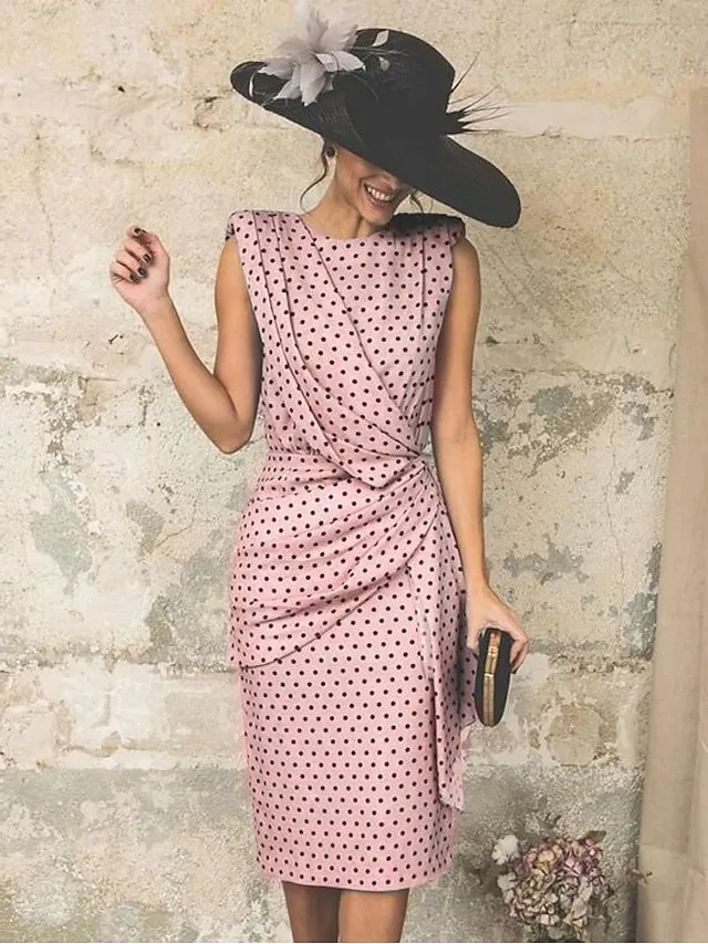 Women's Sheath Dress Knee Length Dress White Pink Red Light Blue Sleeveless Polka Dot Print Ruched Spring Summer Round Neck Elegant Casual Vintage Party 2023 S M L XL XXL 3XL / Sexy