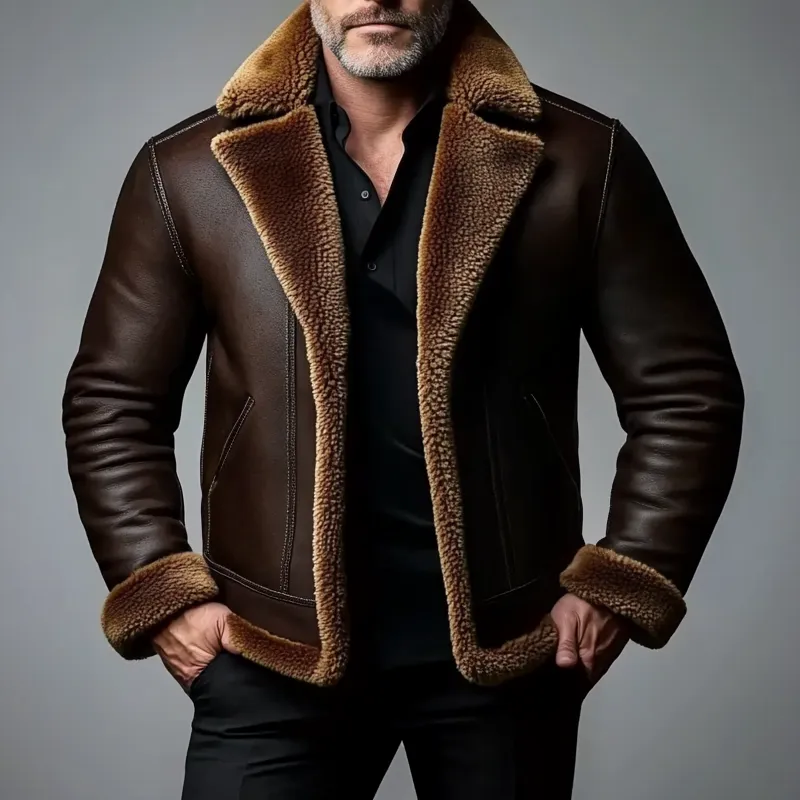 Men's Retro Lapel Long Sleeve PU Leather Fuzzy Coat