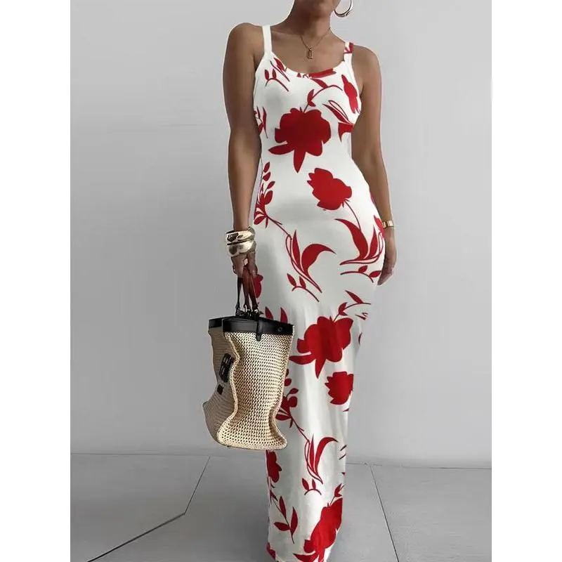 Women's Sleeveless Bodycon Maxi Dress – Printed Summer Beachwear