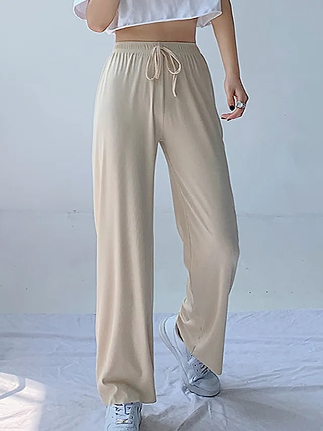 Women's Wide Leg Chinos Baggy Mid Waist Full Length Black Summer