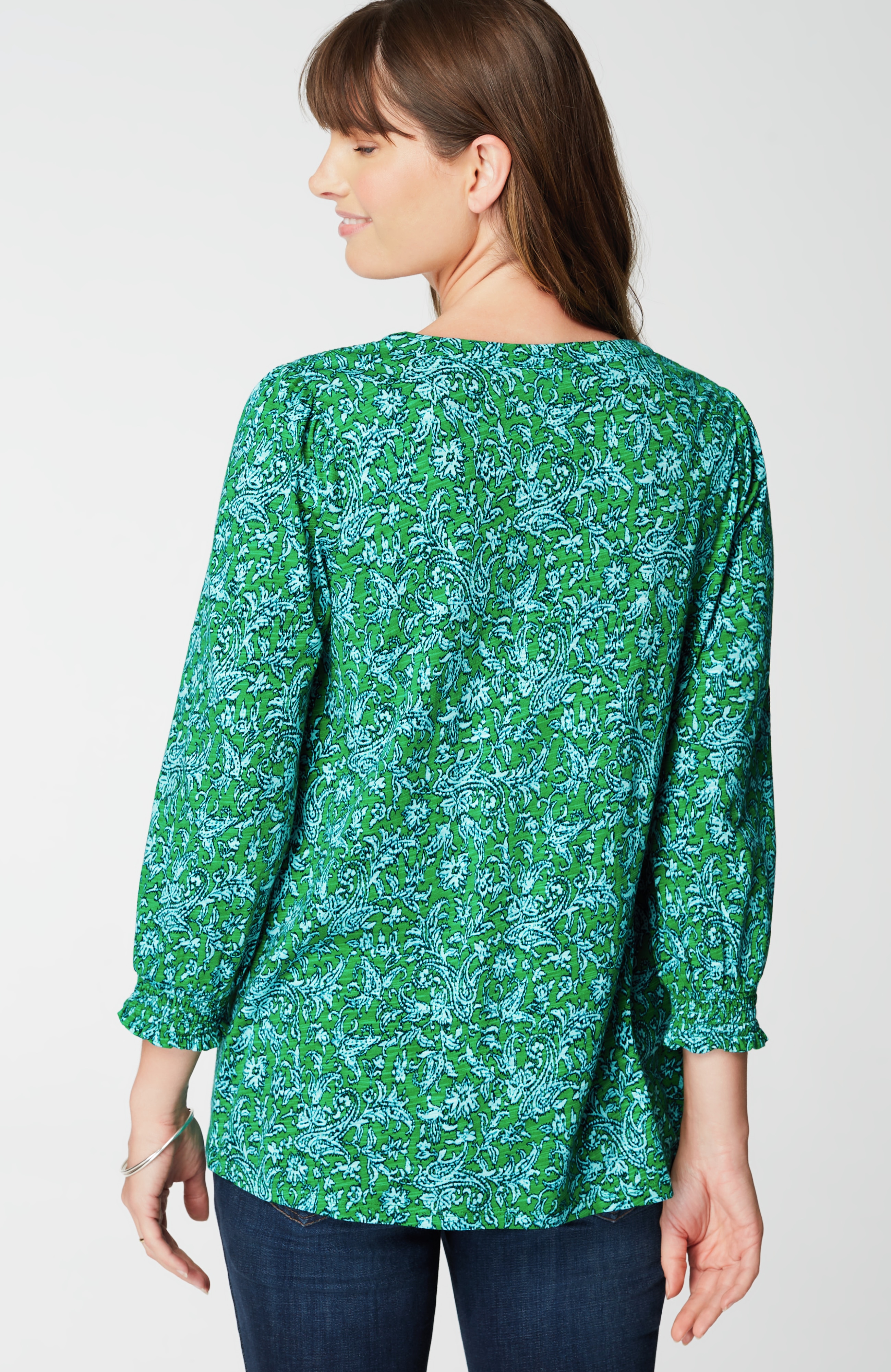 Smocked-Sleeve Henley Top