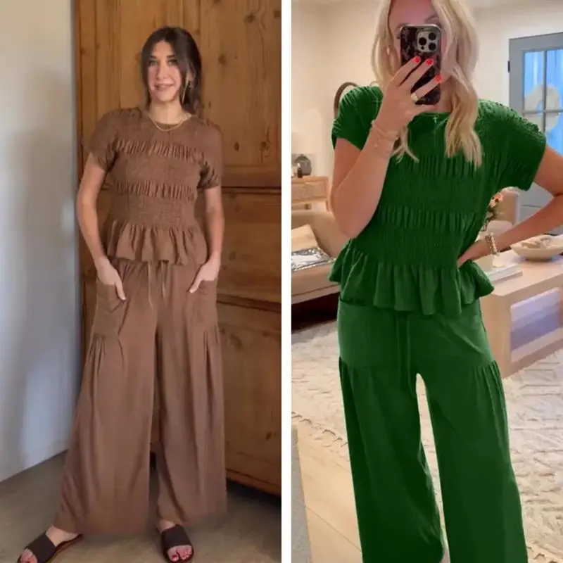 Women's 2-Piece Smocked Top & Wide-Leg Pants Lounge Set with Pockets