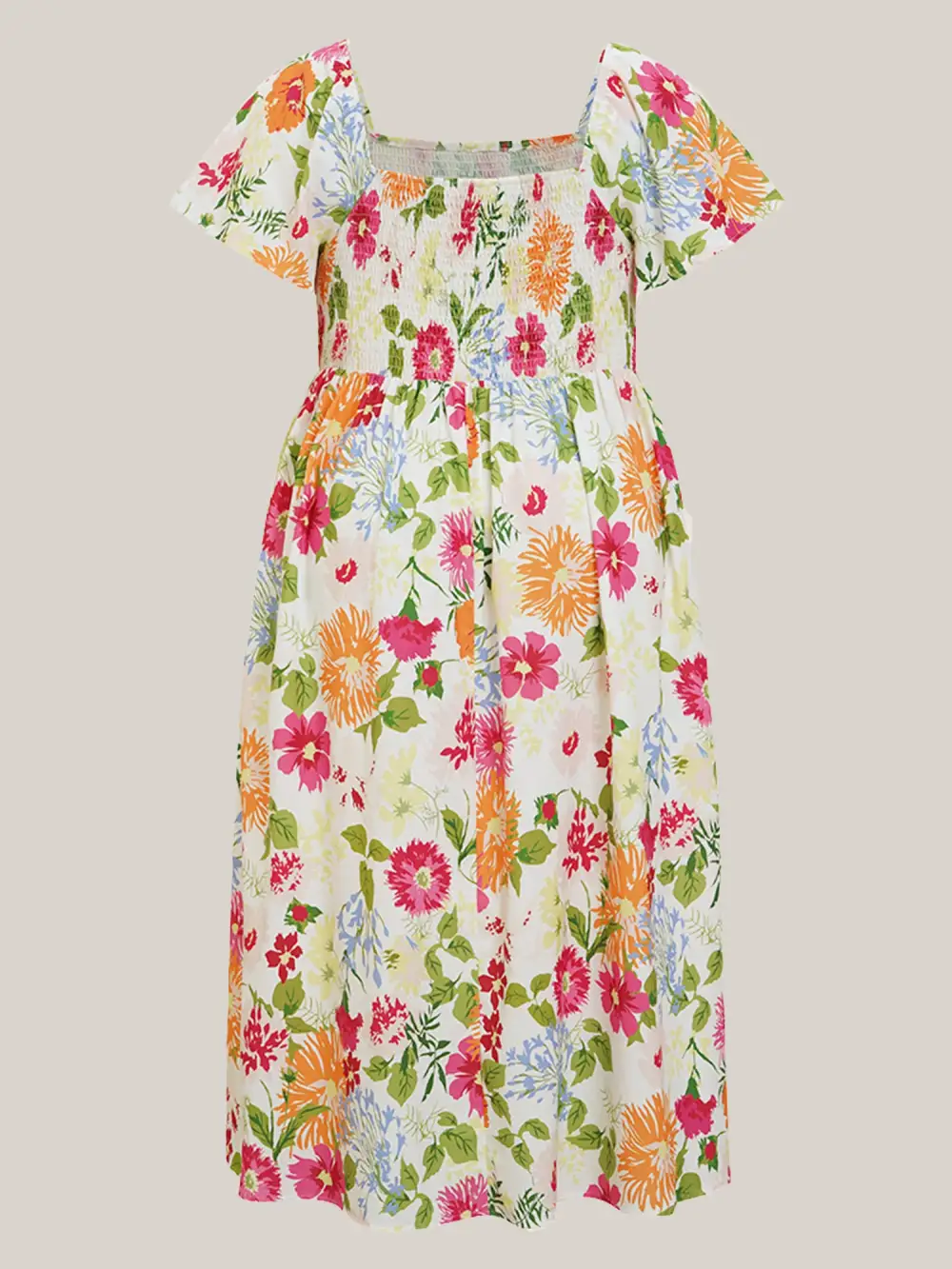 Floral Shirred Square Neck Pocket Midi Dress