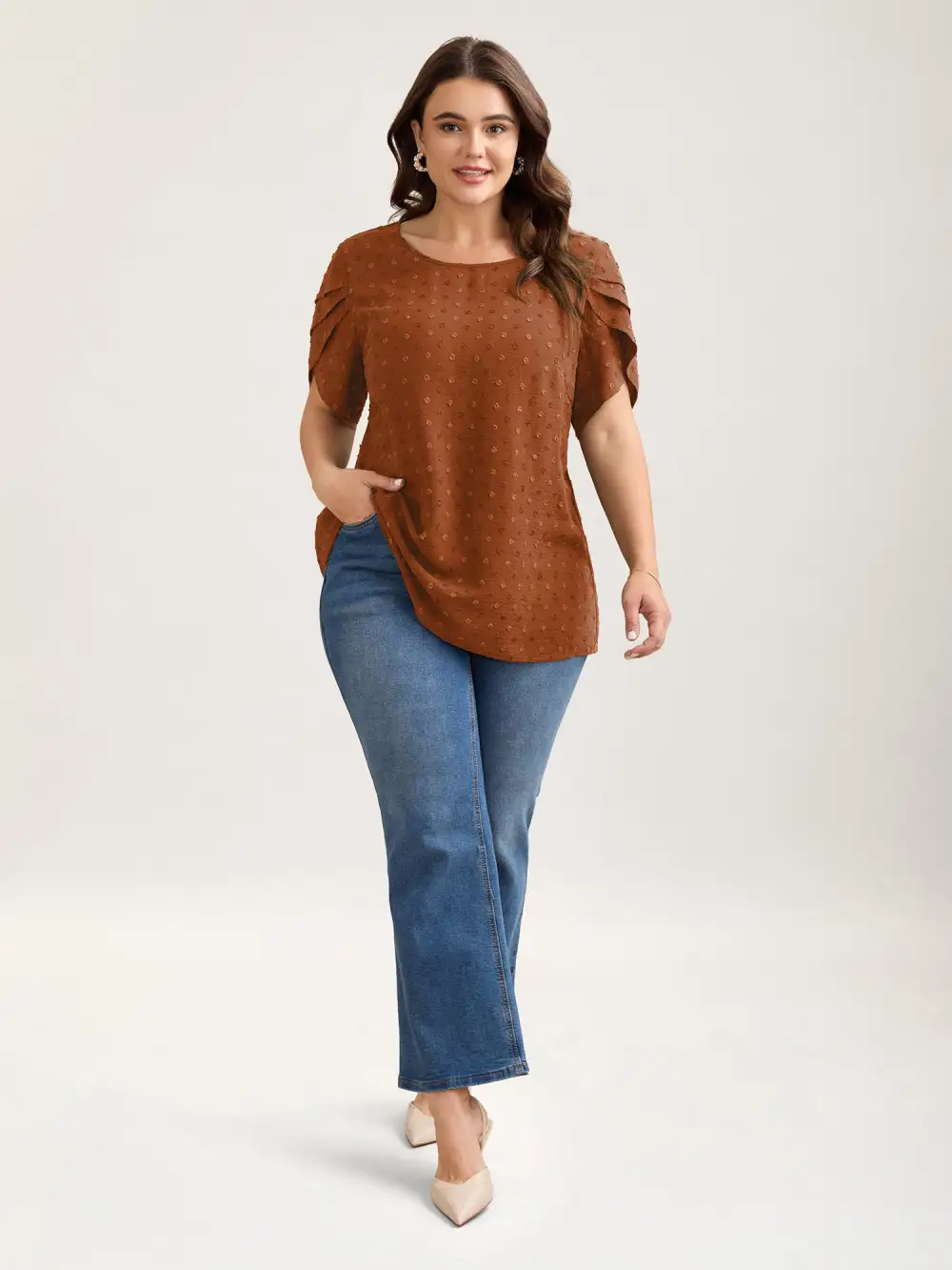 Textured Color Contrast Petal Sleeve Blouse