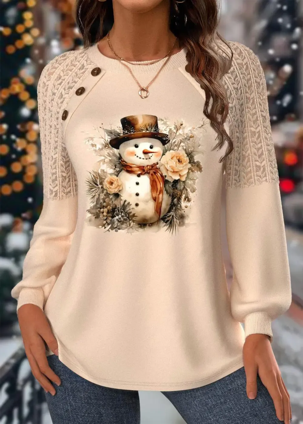 Christmas Skin Color Lace Long Sleeve Round Neck Sweatshirt
