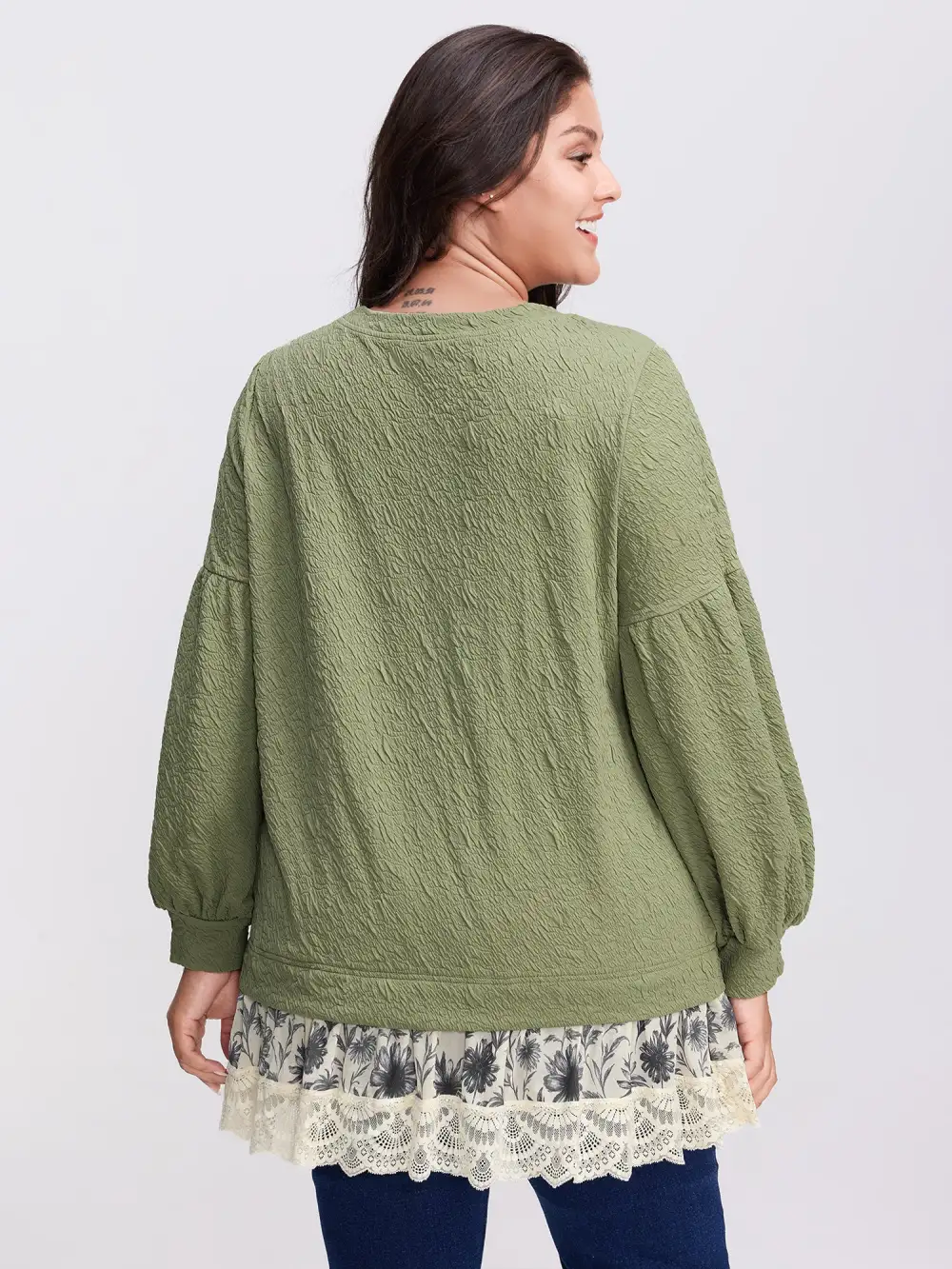 Textured Lace Layered Balloon Sleeve Sweatshirt