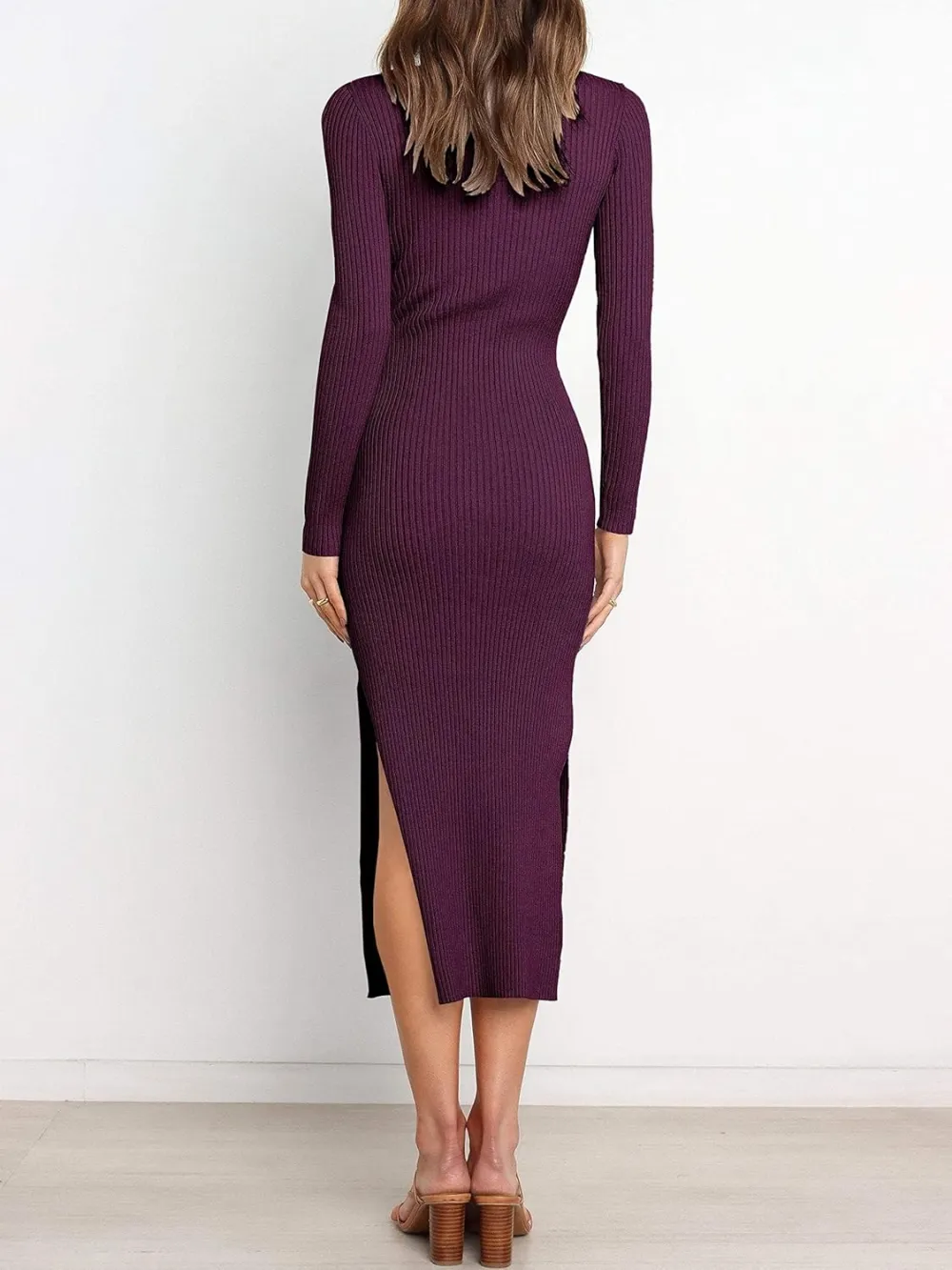 Long Sleeve Sweater Dress Crew Neck Slim Fit Slit Tie Waist 2024 Ribbed Knit Bodycon Midi Dress Fall Outfits