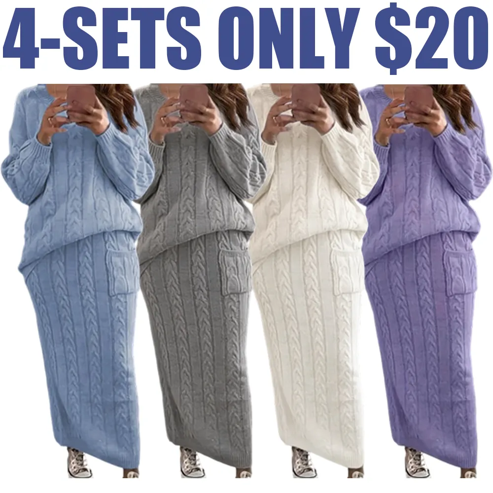 Women's Cable Knit Sweater & Pocket Skirt Set – Casual Long Sleeve Round Neck Jumper & Long Skirt for Fall