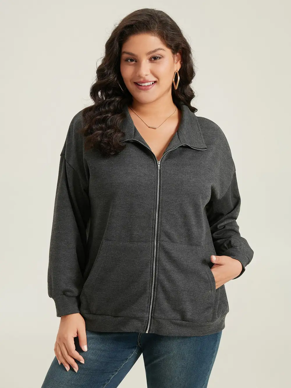 Lapel Collar Zip-Front Pockets Jacket