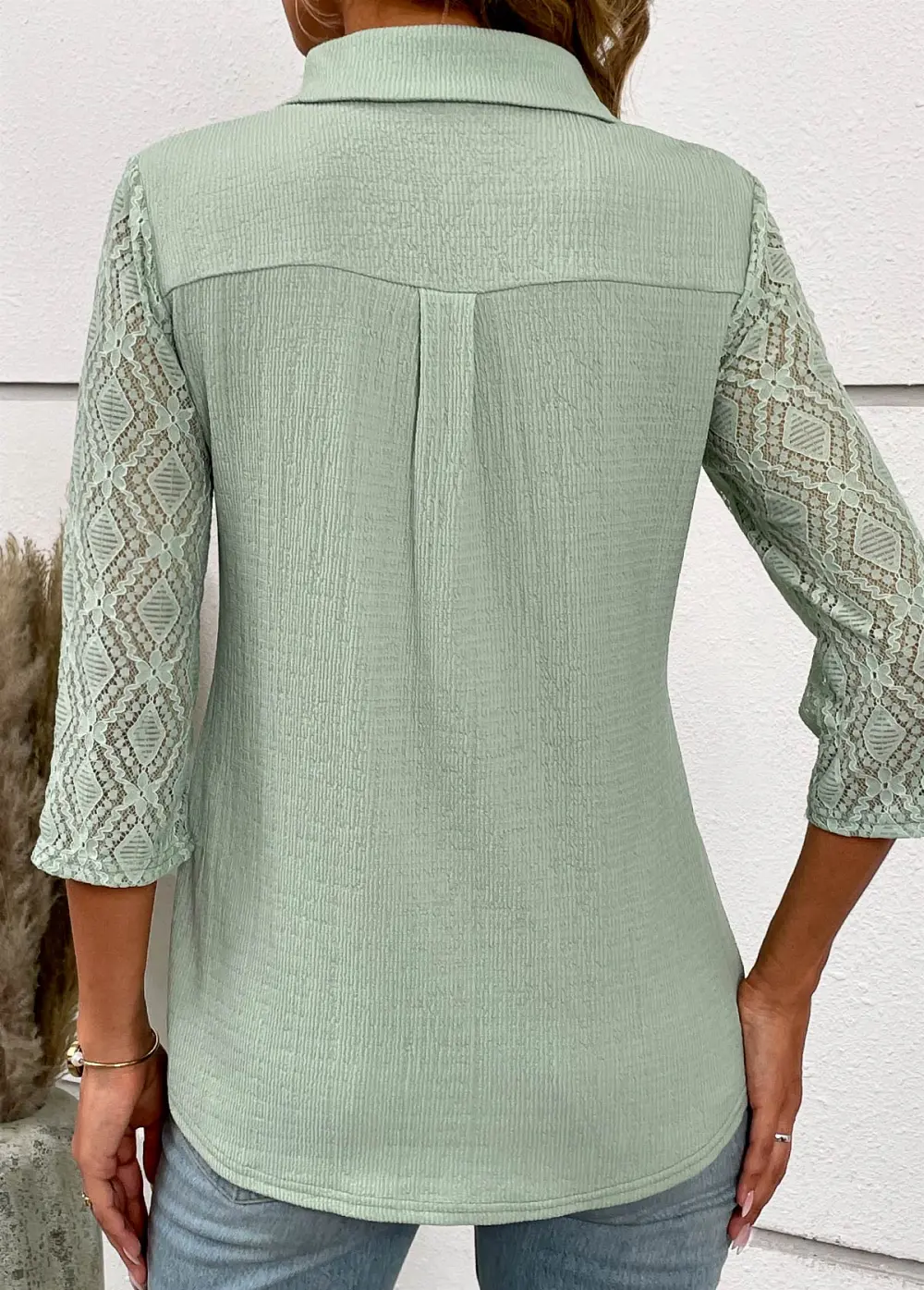 Sage Green Patchwork Three Quarter Length Sleeve Blouse