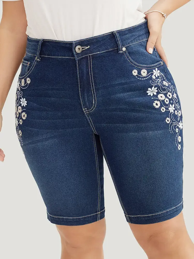 Very Stretchy High Rise Dark Wash Floral Embroidered Denim Shorts