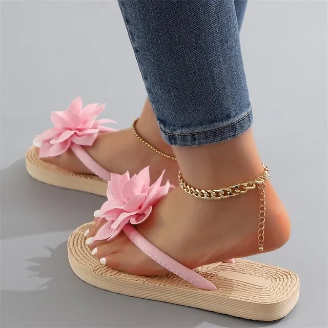 Women's Slippers Boho Bohemia Beach Outdoor Slippers Beach Slippers Outdoor Beach Solid Color Flower Flat Heel Elegant Casual PVC Loafer Black Pink Green
