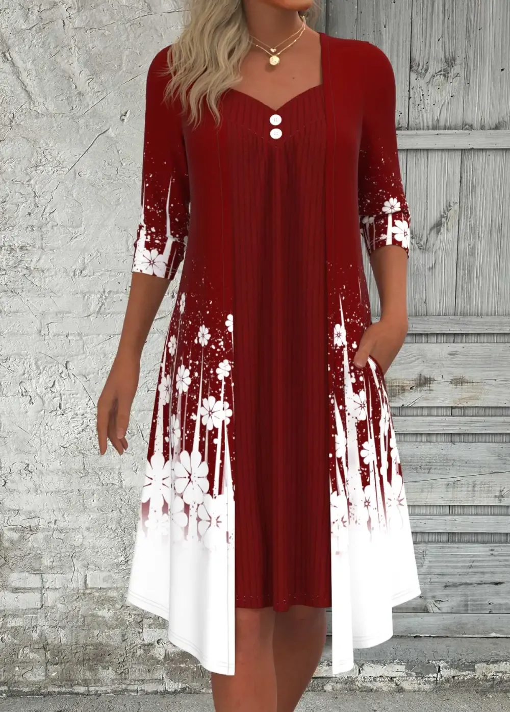 Wine Red Fake 2in1 Floral Print A Line Dress