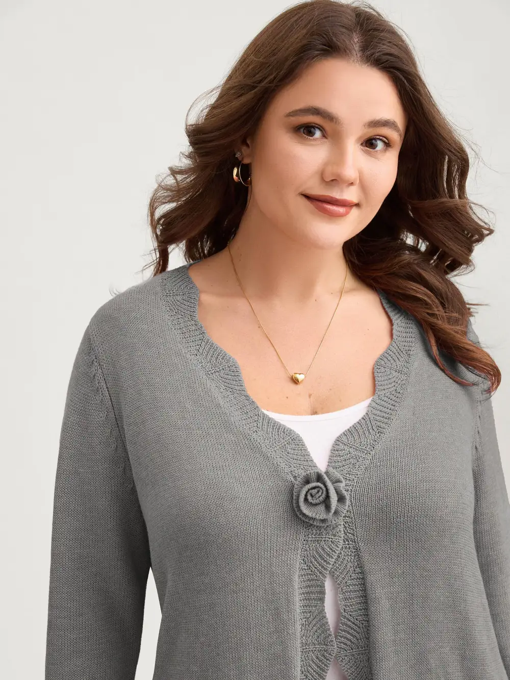 Supersoft Textured Floral Button Ruffled Hem Knit Cardigan