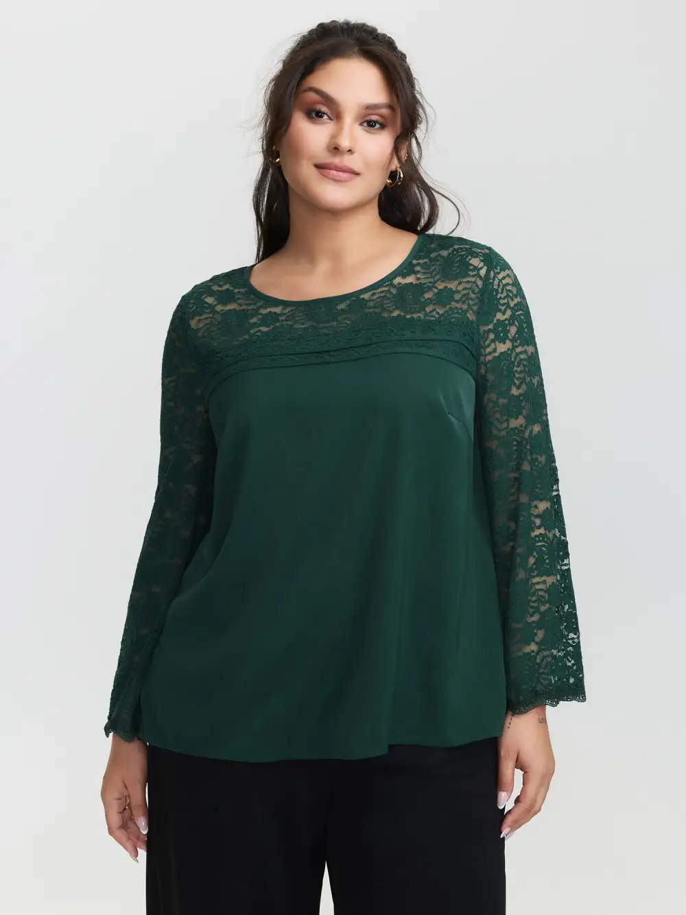 Lace Sheer Sleeve Curvy Hem Blouse