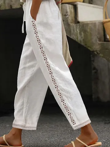 Casual Plain Lace Mesh Side Solid Drawstring Cotton Straight Cropped Pants