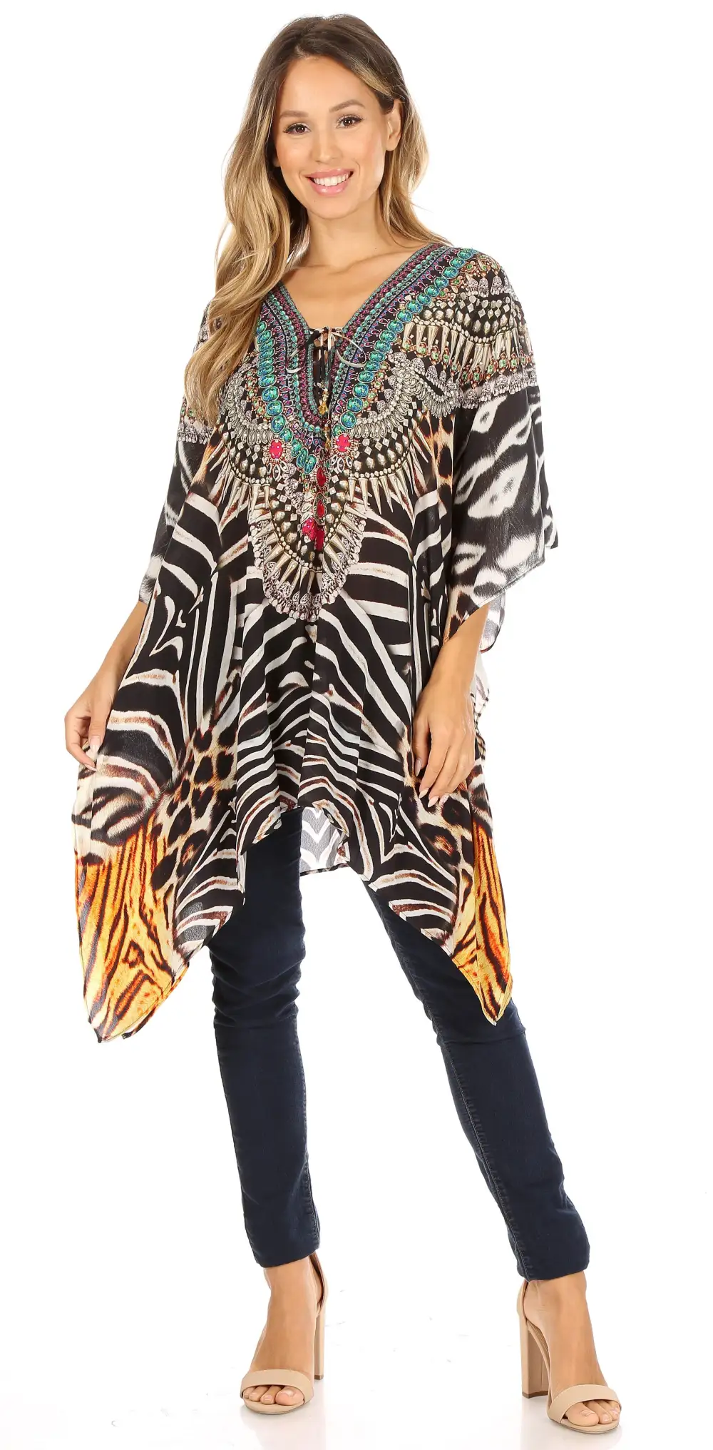 Women's Caftan Poncho Cover up V neck Top Lace up With Rhinestone