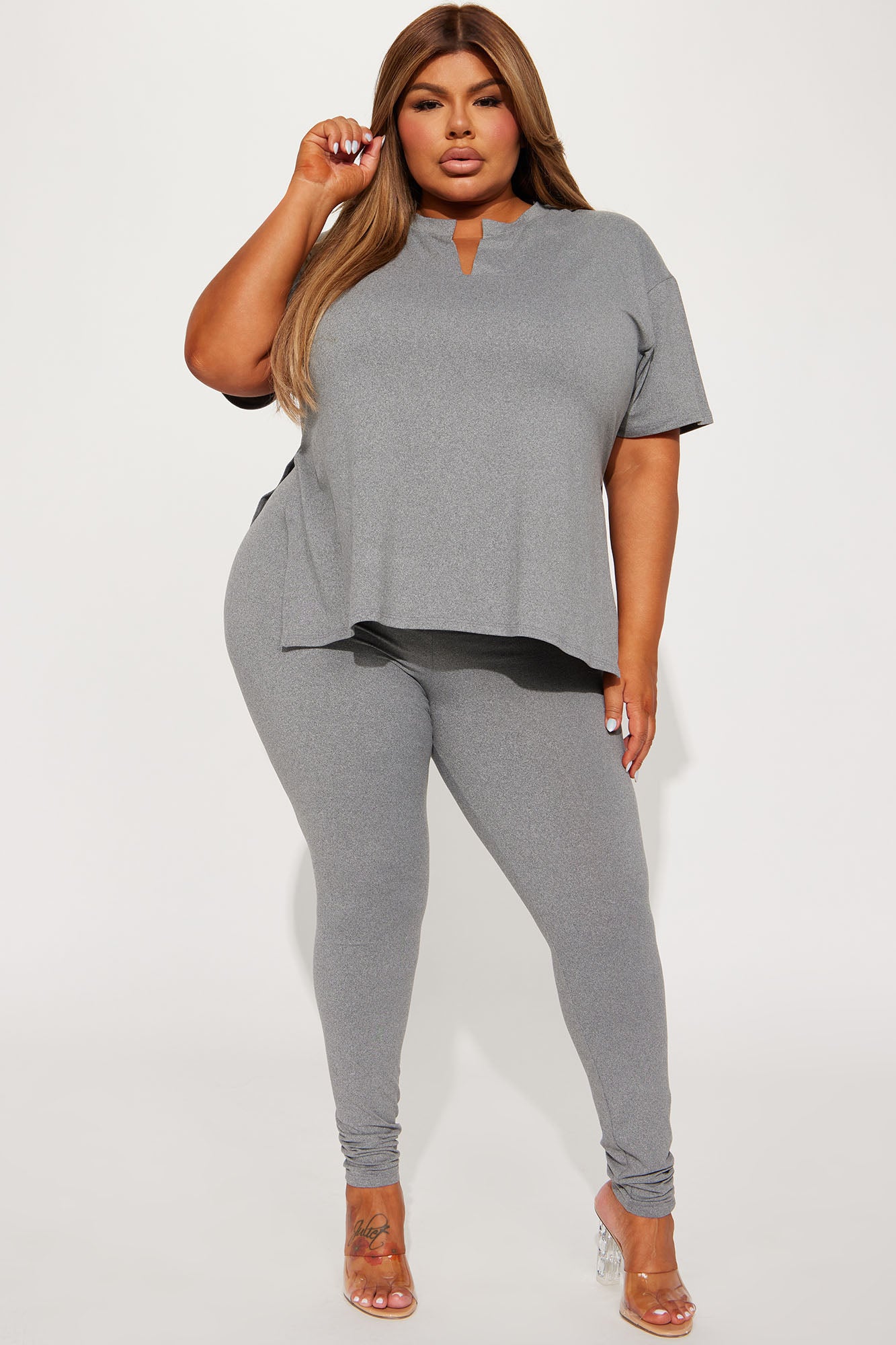 Lets Chill Together Short Sleeve Legging Set - Heather Grey