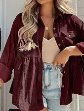 Women's Shirt Jacket Shacket Comfortable Ruched Pocket Casual Plain Holiday Casual Daily Weekend Single Breasted Regular Turndown Regular Fit Long Sleeve Outerwear Red Green Fall Winter