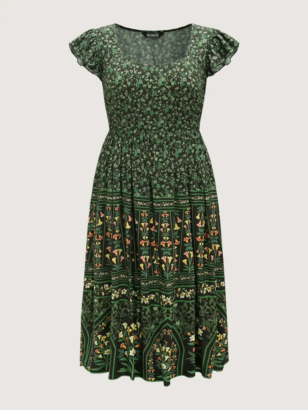 Rayon Garden Fresh Ruffled Sleeve Midi Dress