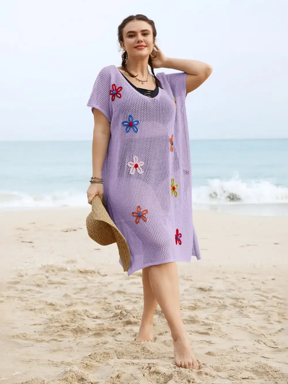 Stereo Flower Design Slit Hem Swim Cover Up