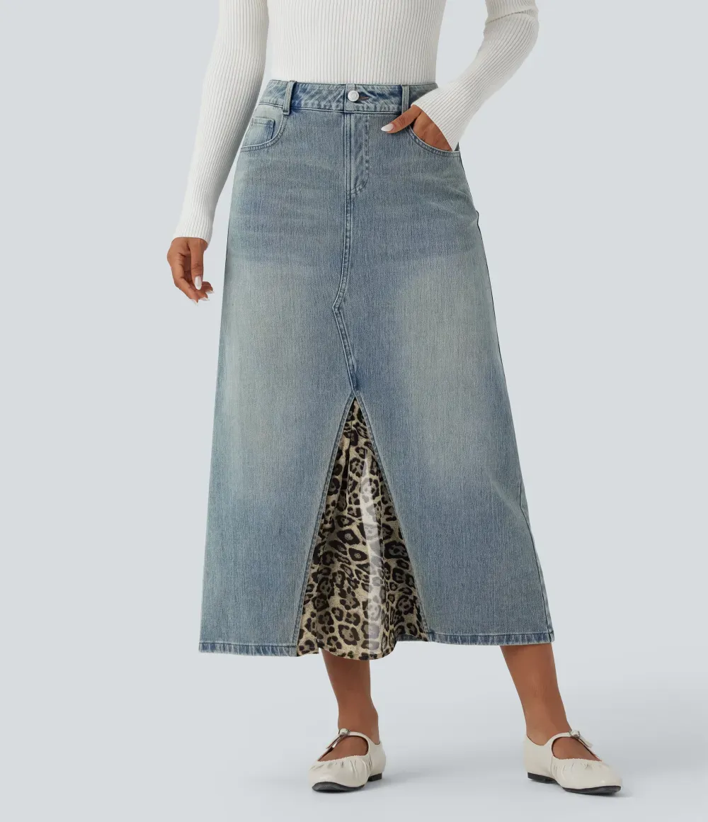 Halara FlexTM Mid Rise Contrast Leopard Mesh Midi Denim Casual A-line Skirt with Pockets