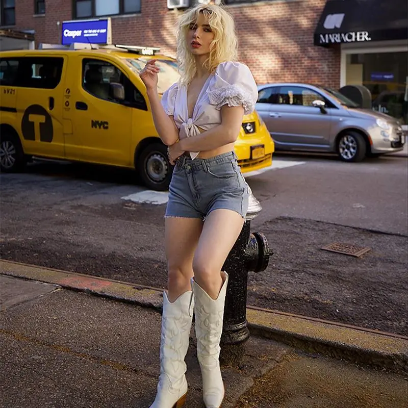 Women's High Waisted Crossover Denim Shorts – Stretchy Casual Summer Jean Shorts, Streetwear Boyfriend Style