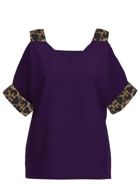 Leopard Print V-neck Cold Shoulder Tops