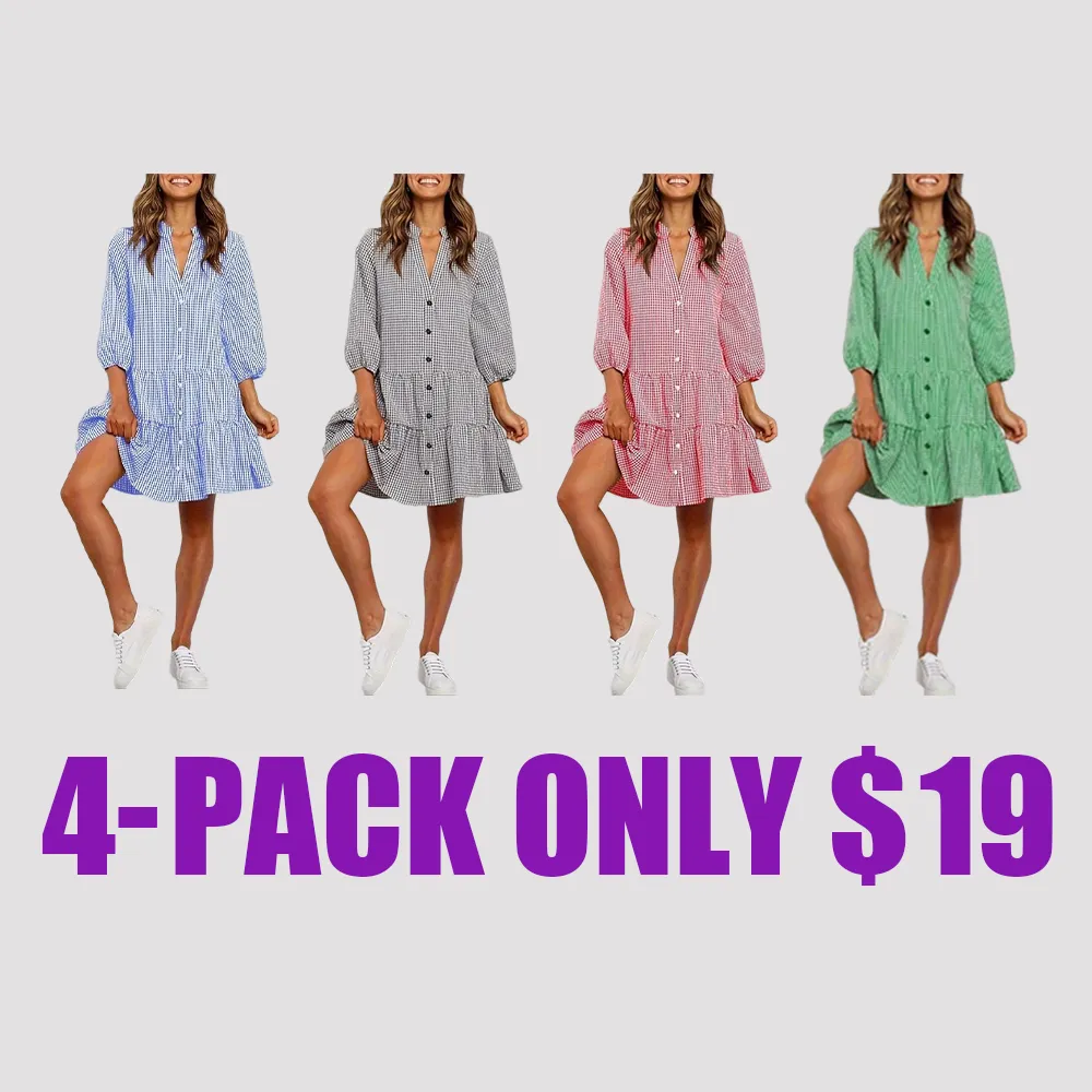 Women's Gingham Ruffle Shirt Dress – Button Front Notched Neck Mini Dress with Bishop Sleeves, Casual Chic Outfit for Spring, Summer & Fall