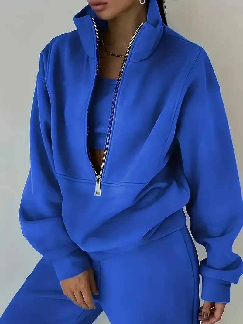 Two-Piece Solid Color Casual Outfit - High Neck Zip Front Long Sleeve Sweatshirt & Elastic Waist Pants
