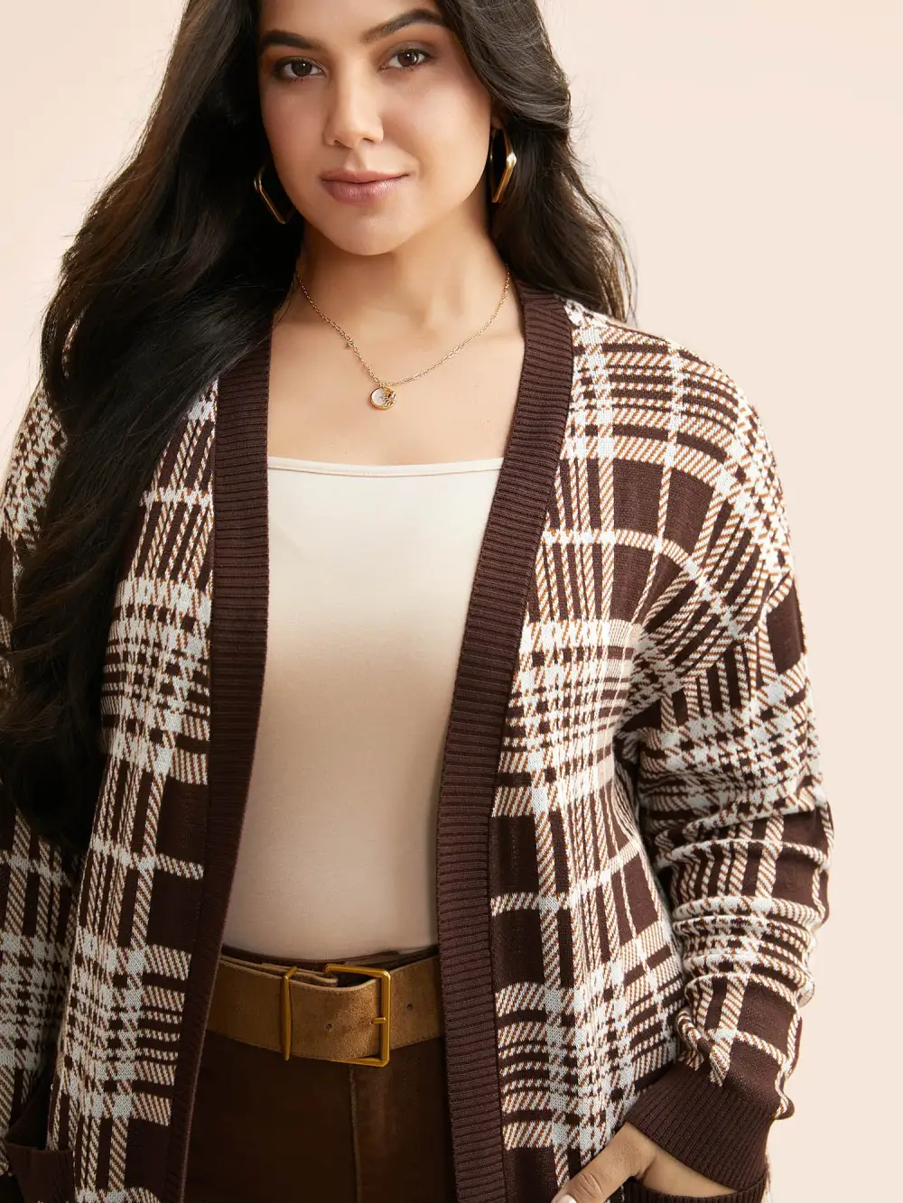 Plaid Open Front Patch Pocket Cardigan