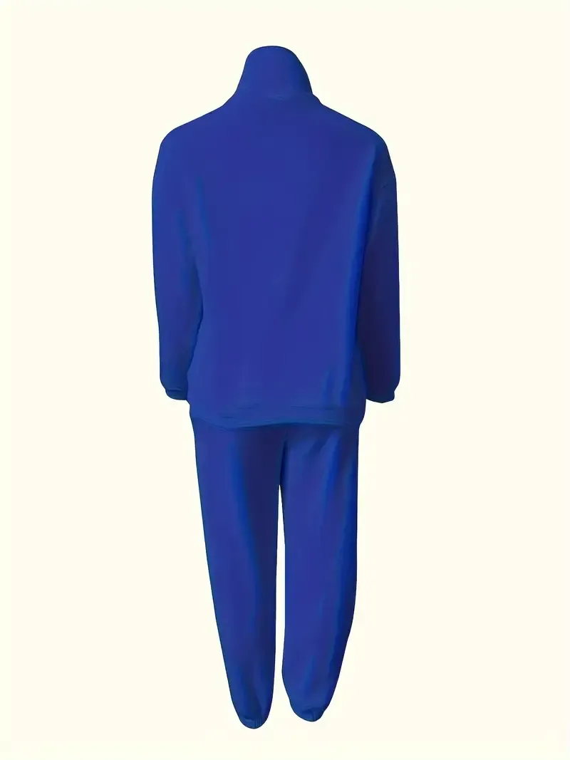Two-Piece Solid Color Casual Outfit - High Neck Zip Front Long Sleeve Sweatshirt & Elastic Waist Pants
