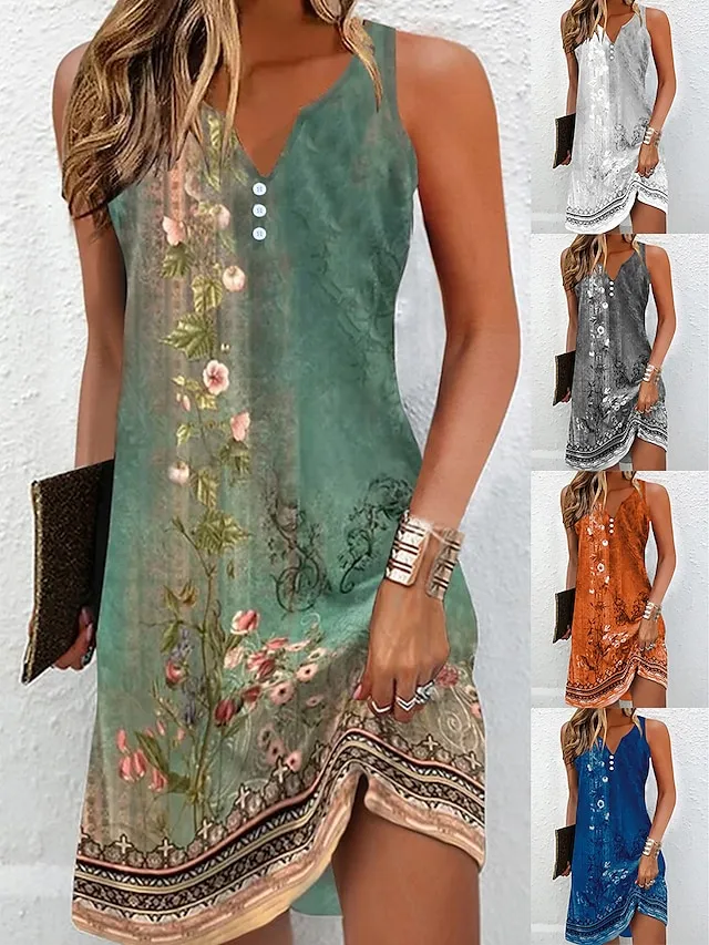 Women's Casual Dress Shift Dress Tank Dress Floral Button Print V Neck Mini Dress