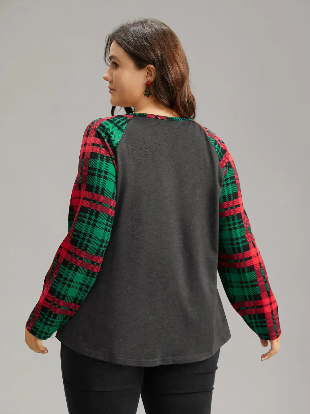 Plaid Contrast Notched Raglan Sleeve T-shirt