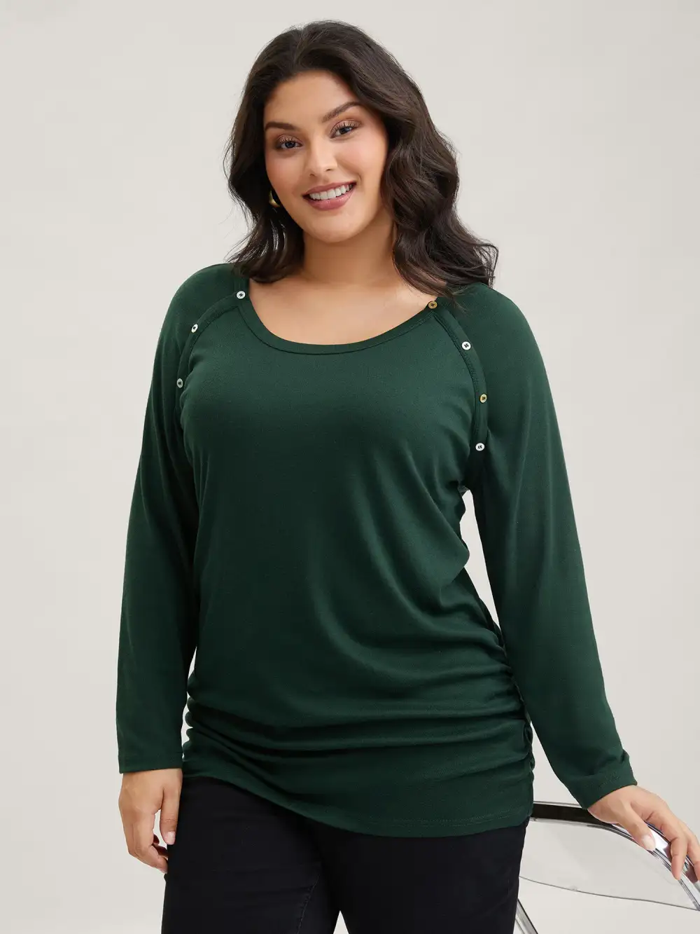 Plain Gathered Button Detail T-shirt