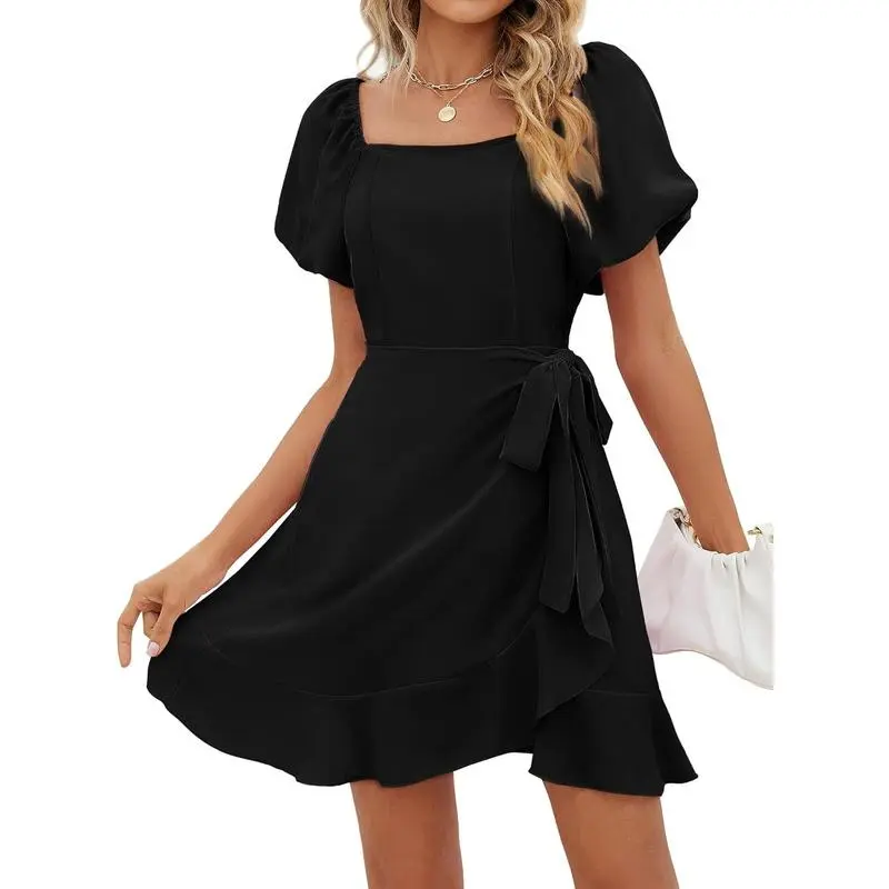 Womens Summer Dresses Square Neck Puff Sleeve Tie Waist Short Dress