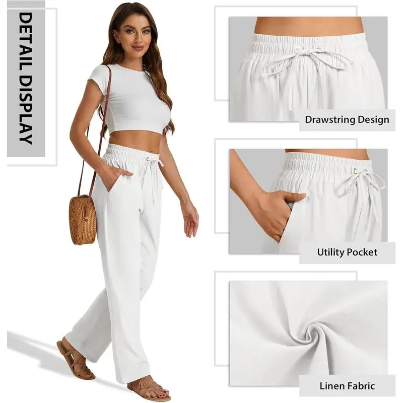 Women’s High Waist Linen Drawstring Pants – Casual Loose Fit with Pockets
