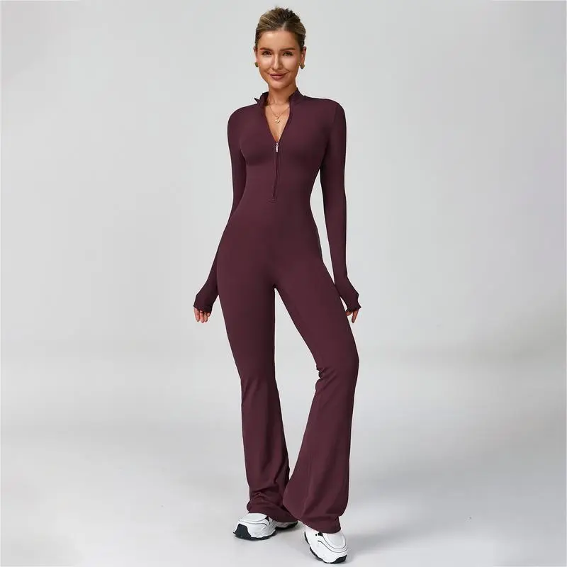 Women's Long Sleeve Flared Jumpsuit – Zipper Wide Leg Activewear for Gym & Casual Wear