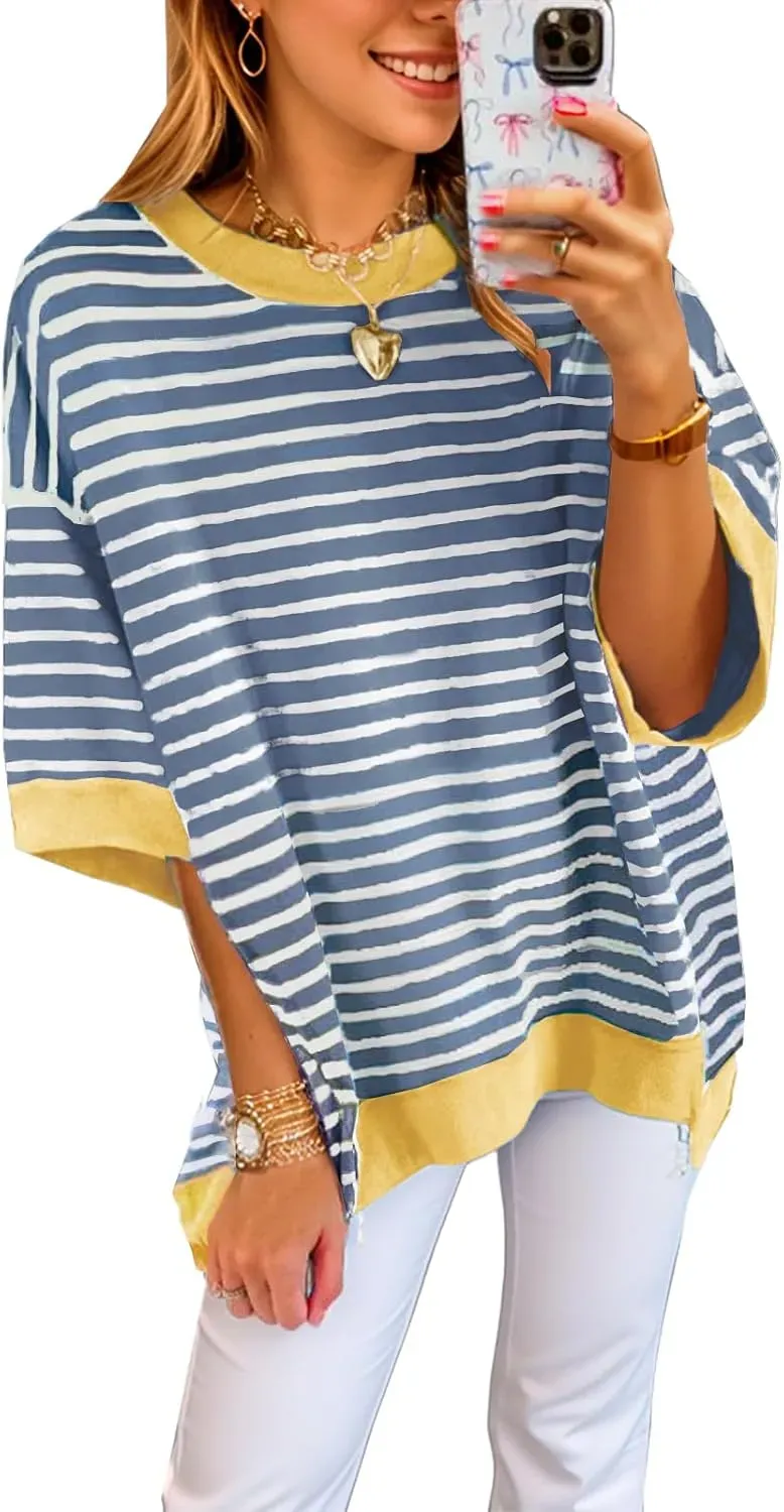 ✨Womens Oversized Striped Color Block Casual Half Sleeve Tops