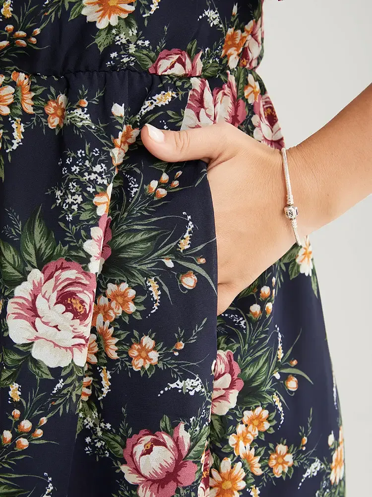 Floral Print Ruched Pocket Frill Trim Ruffle Arc Hem Dress