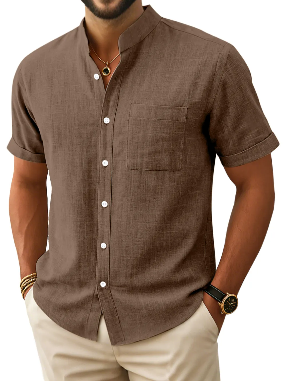 Men's Retro Simple Comfortable Stand Collar Button-down Short Sleeve Shirt