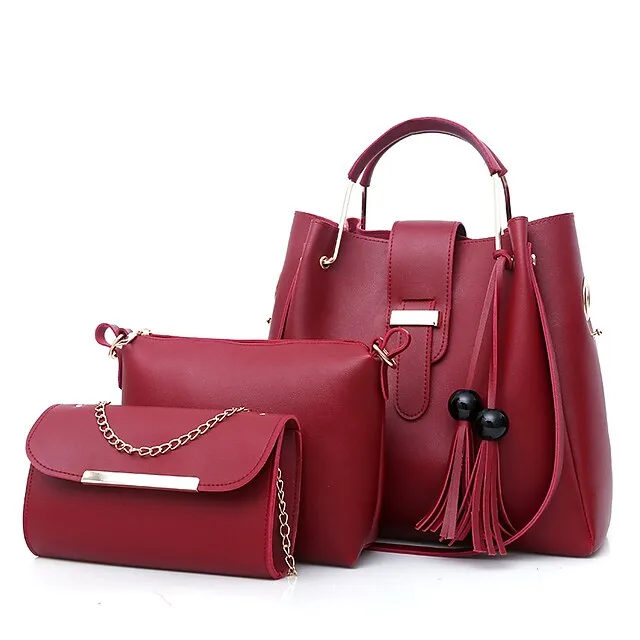 Women's Bag Set PU Leather 3 Pcs Purse Set Shopping Zipper Tassel Black White Pink