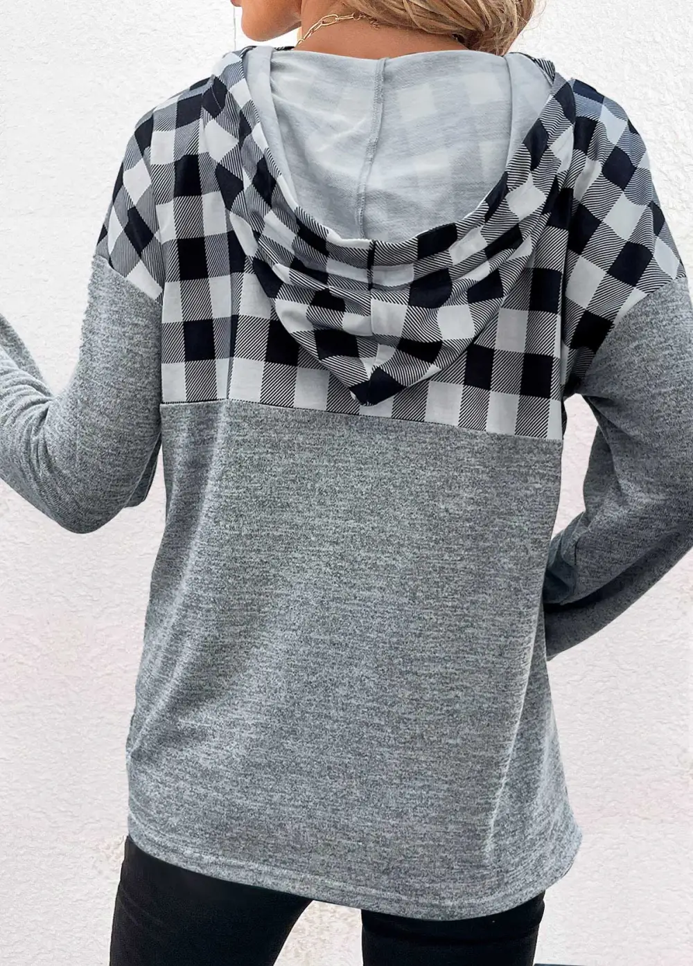 Light Grey Pocket Plaid Long Sleeve Hoodie