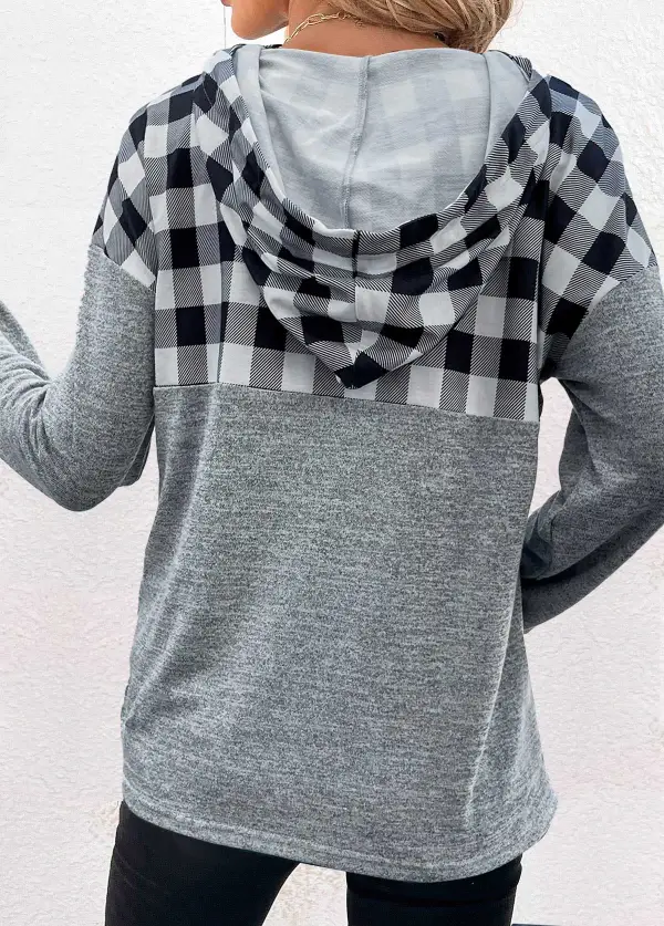 Light Grey Pocket Plaid Long Sleeve Hoodie