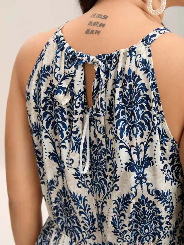 Rayon Damask Print Stretchy Waist Jumpsuit