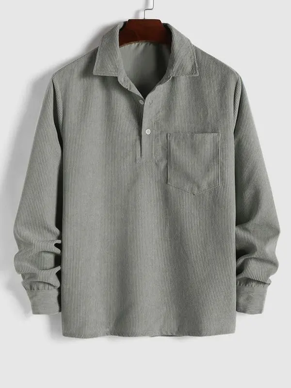Men's Plain Pocket Half Button Corduroy Shirt, Casual Comfy Regular Fit Long Sleeve Collared Top For Fall & Winter