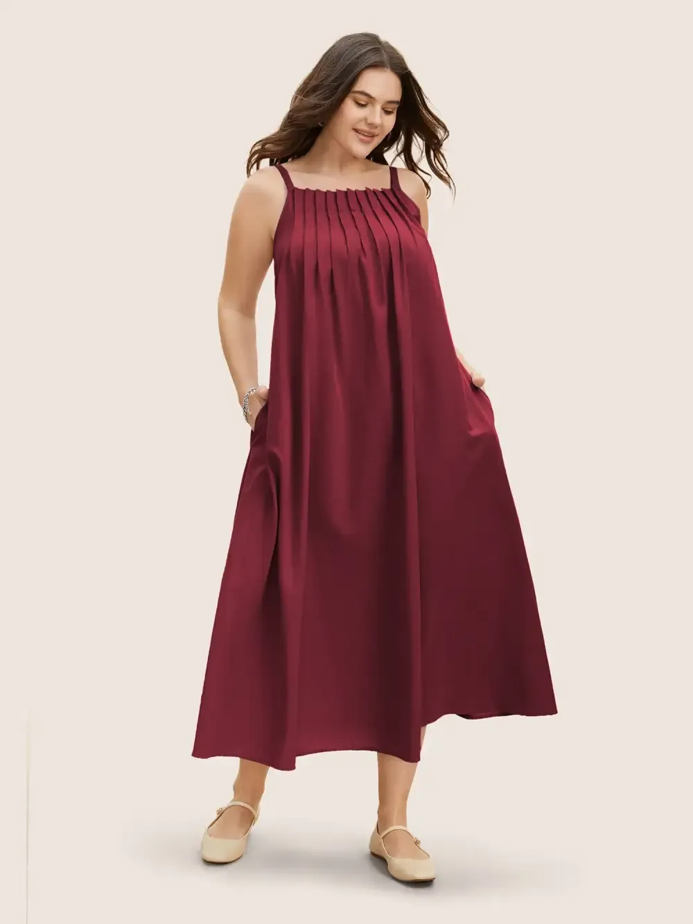 Cotton Plain Pleated Loose Fit Cami Dress
