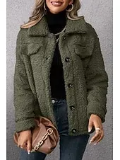 Women's Sherpa Jacket Comfortable Breathable Pocket Buttons Casual Plain Vacation Street Casual Daily Wear Single Breasted Short Turndown Regular Fit Long Sleeve Outerwear Khaki Army Green Dark Gray