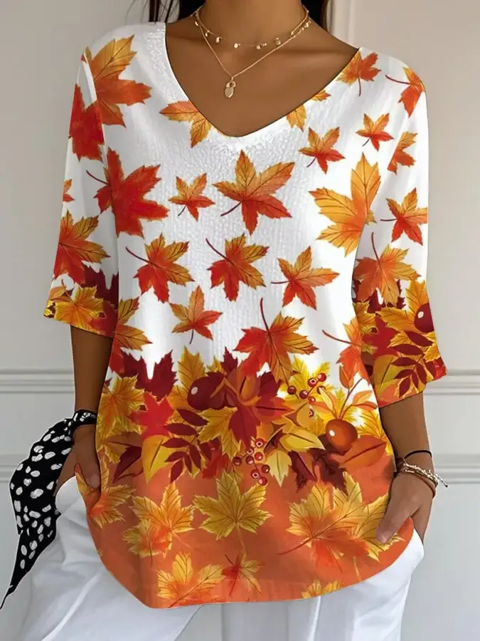 Women's Casual Autumn Maple Leaf Pumpkin Bubble Wrinkle Cotton and Linen Top