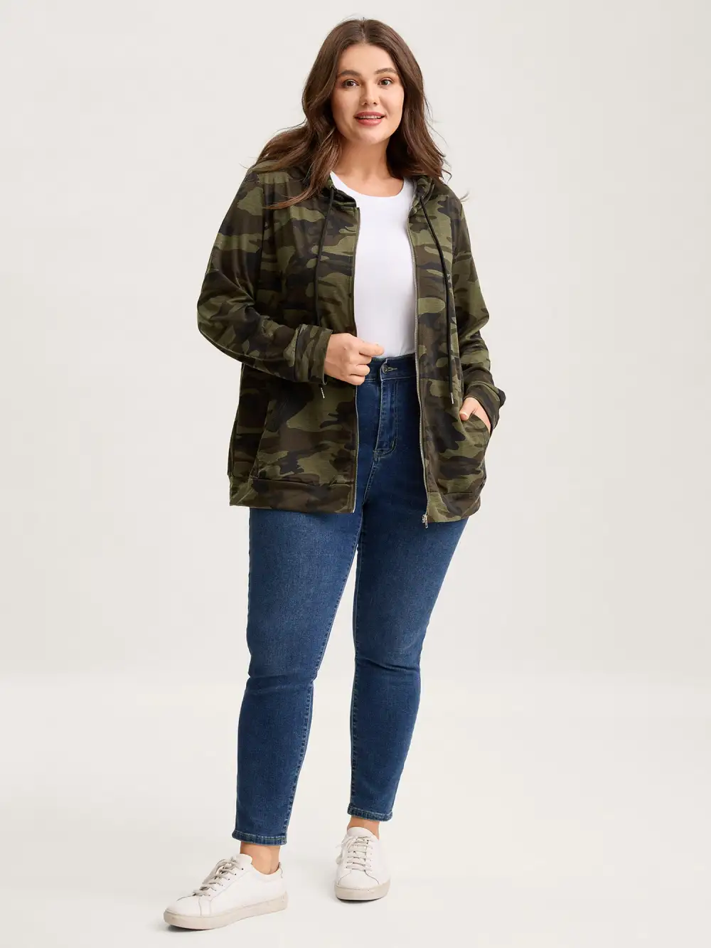 Camouflage Print Stretchy Zipper Hoodie